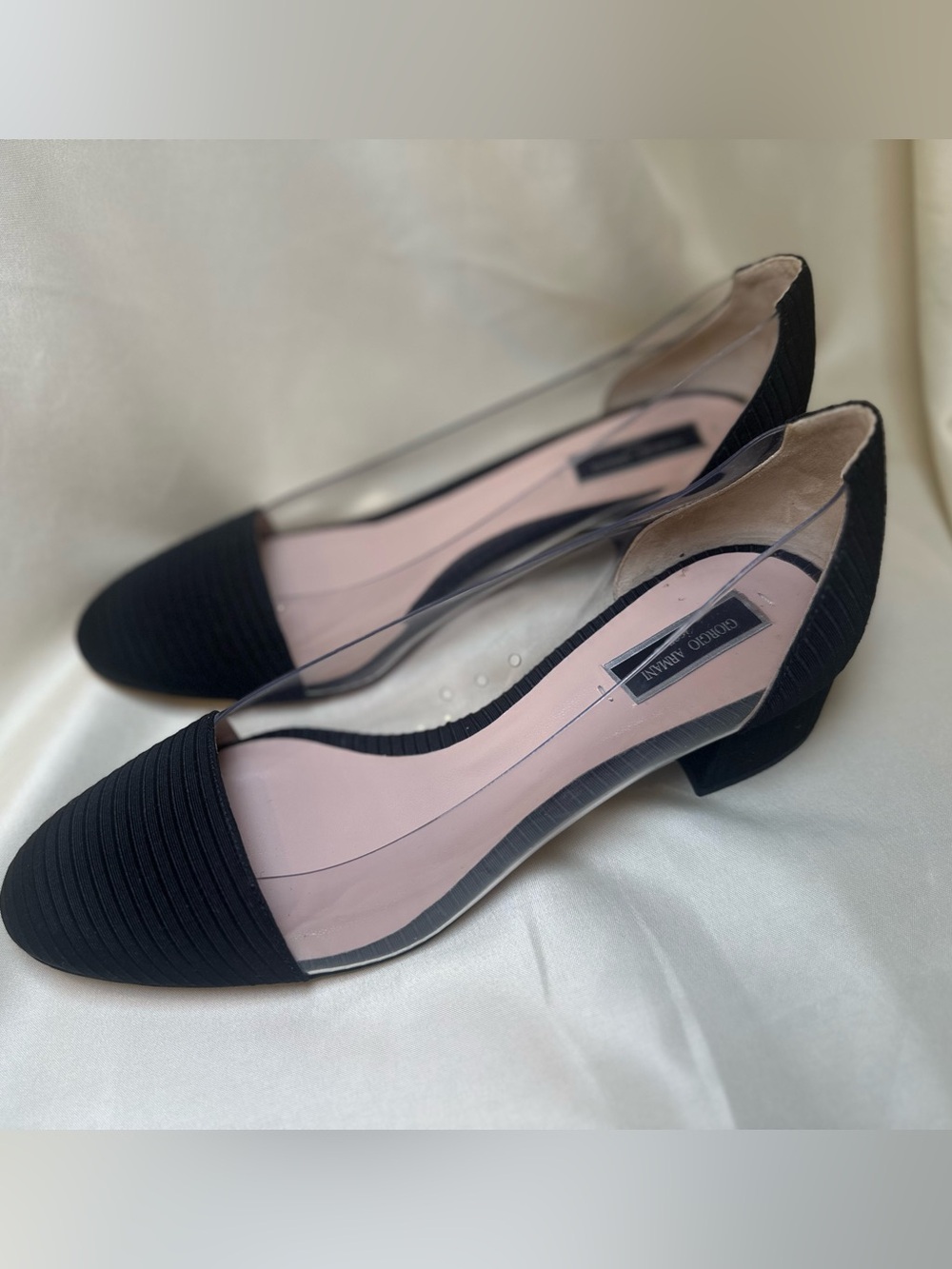 Giorgio Armani Black & Clear Ribbed Toe block heeled pump flats chic minimalist